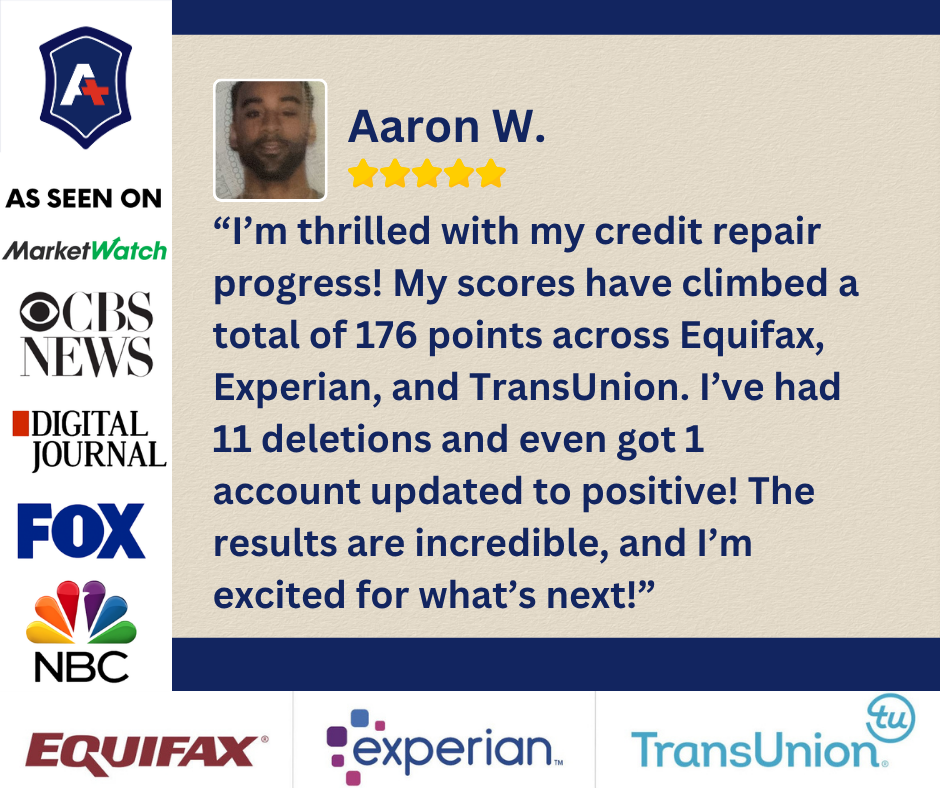 Aaron W.’s five-star review: his credit scores increased a total of 176 points across Equifax, Experian, and TransUnion, with 11 deletions and one account updated to positive.